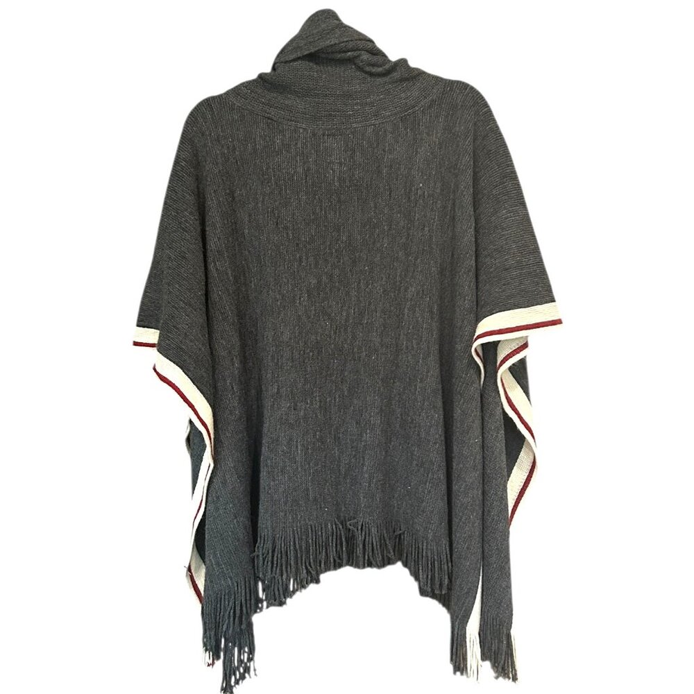 DKR Cottage Collection Hooded Knit Poncho Red White Striped Fringe One Size - Picture 4 of 4
